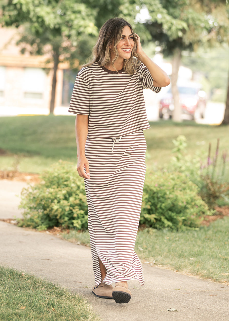 Chocolate stripe maxi skirt styled with matching striped tee for an easy coordinated set.