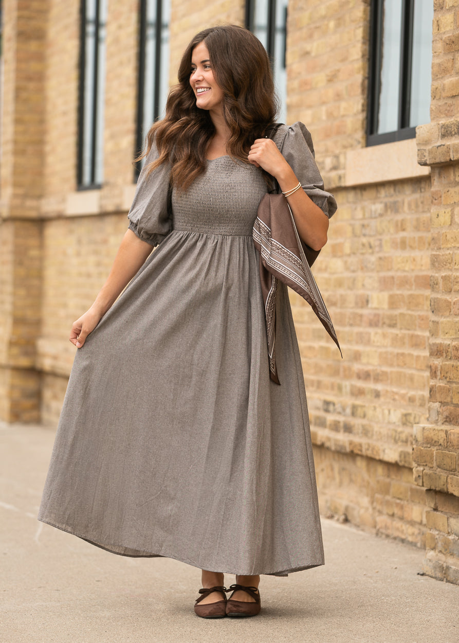 Kayleen brown maxi dress styled with neutral flats for an easy everyday outfit.