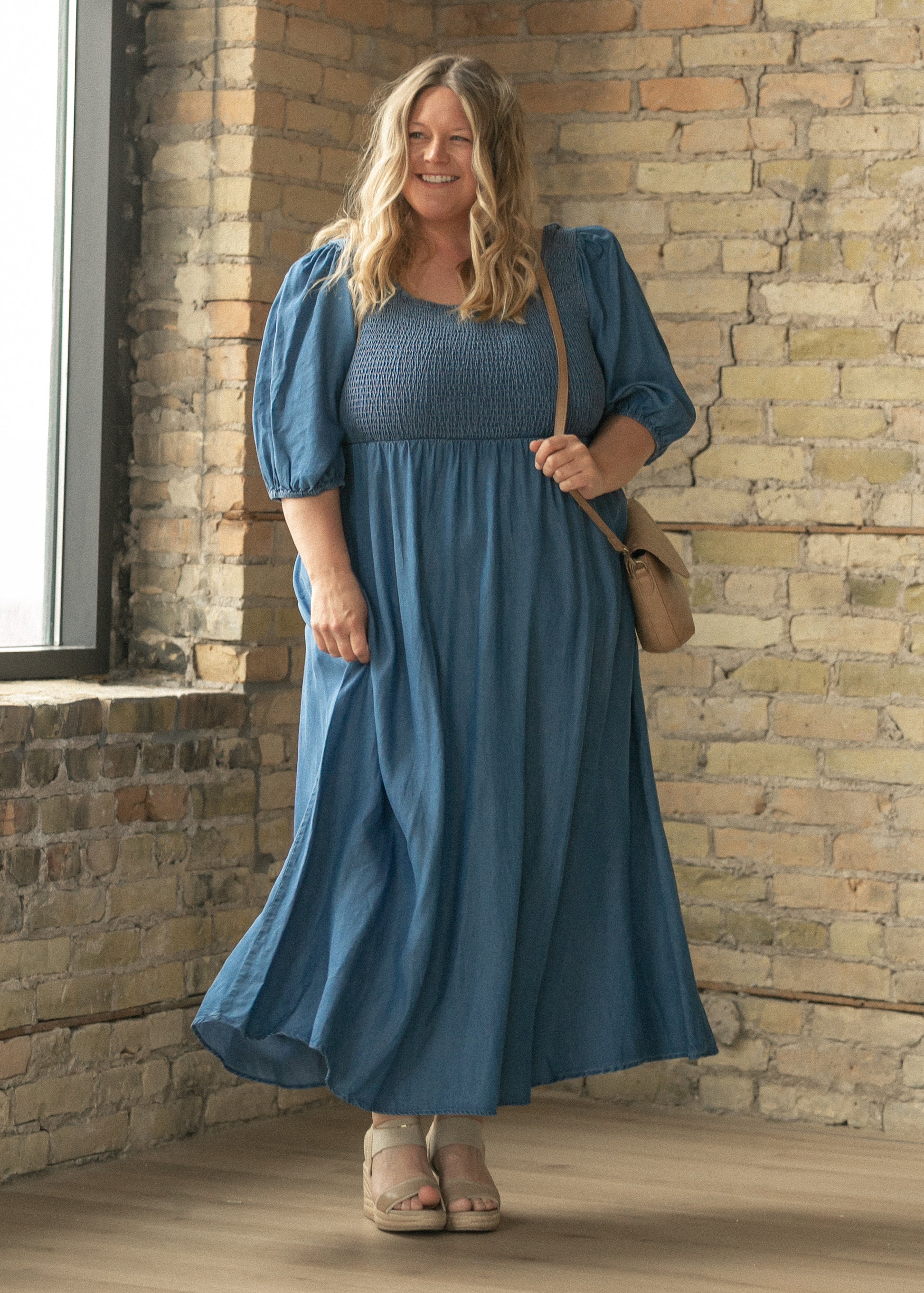 Kayleen Chambray Smocked Bodice Maxi Dress, XX Large