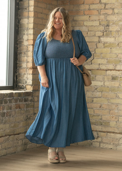 Kayleen Chambray Smocked Bodice Maxi Dress