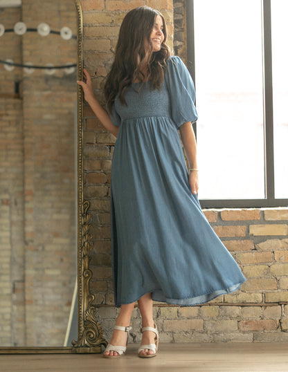Kayleen Chambray Smocked Bodice Maxi Dress