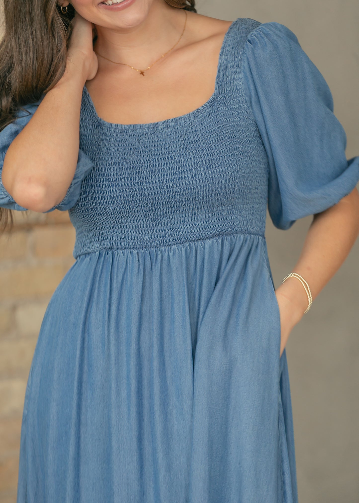 Kayleen Chambray Smocked Bodice Maxi Dress