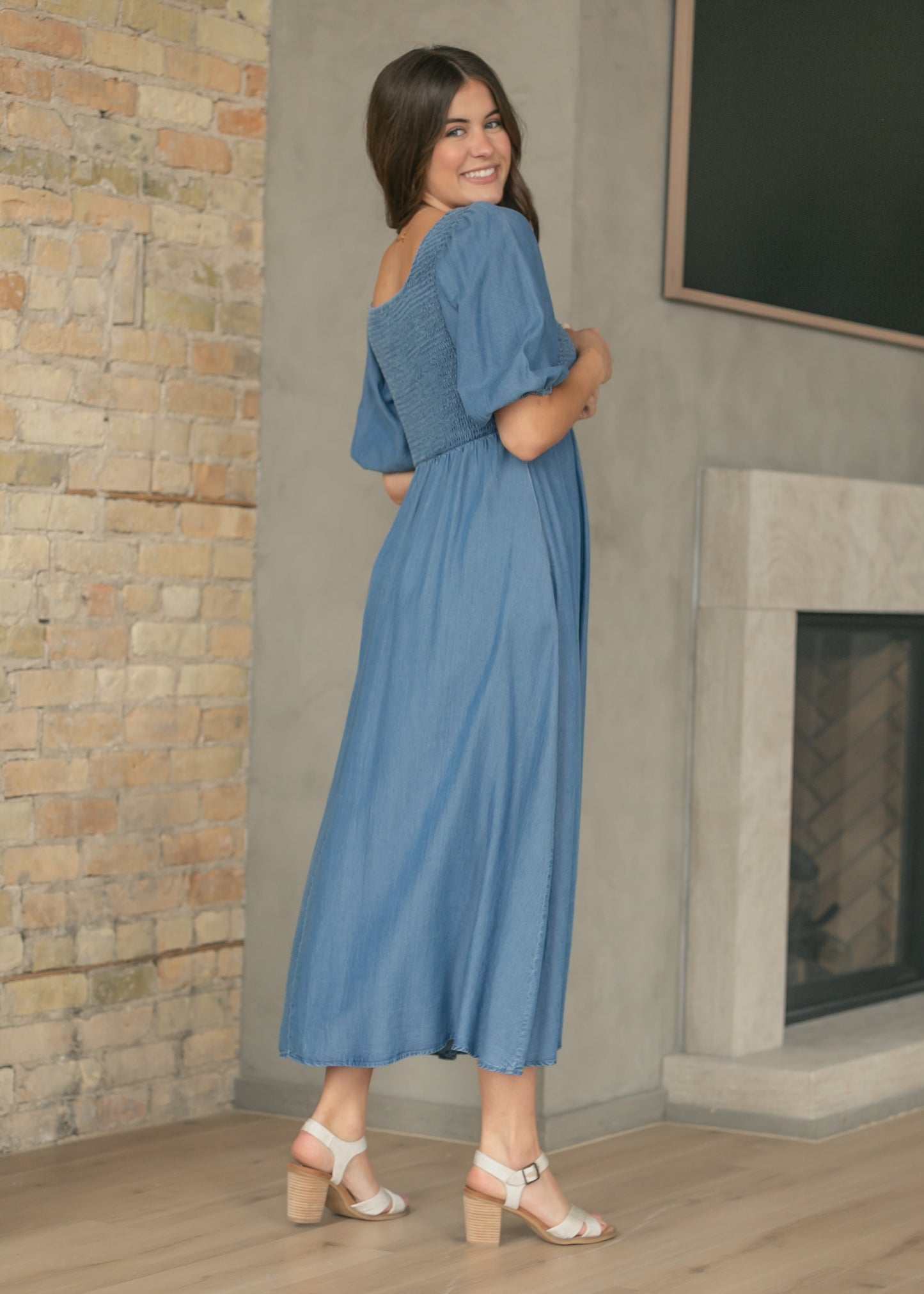 Kayleen Chambray Smocked Bodice Maxi Dress