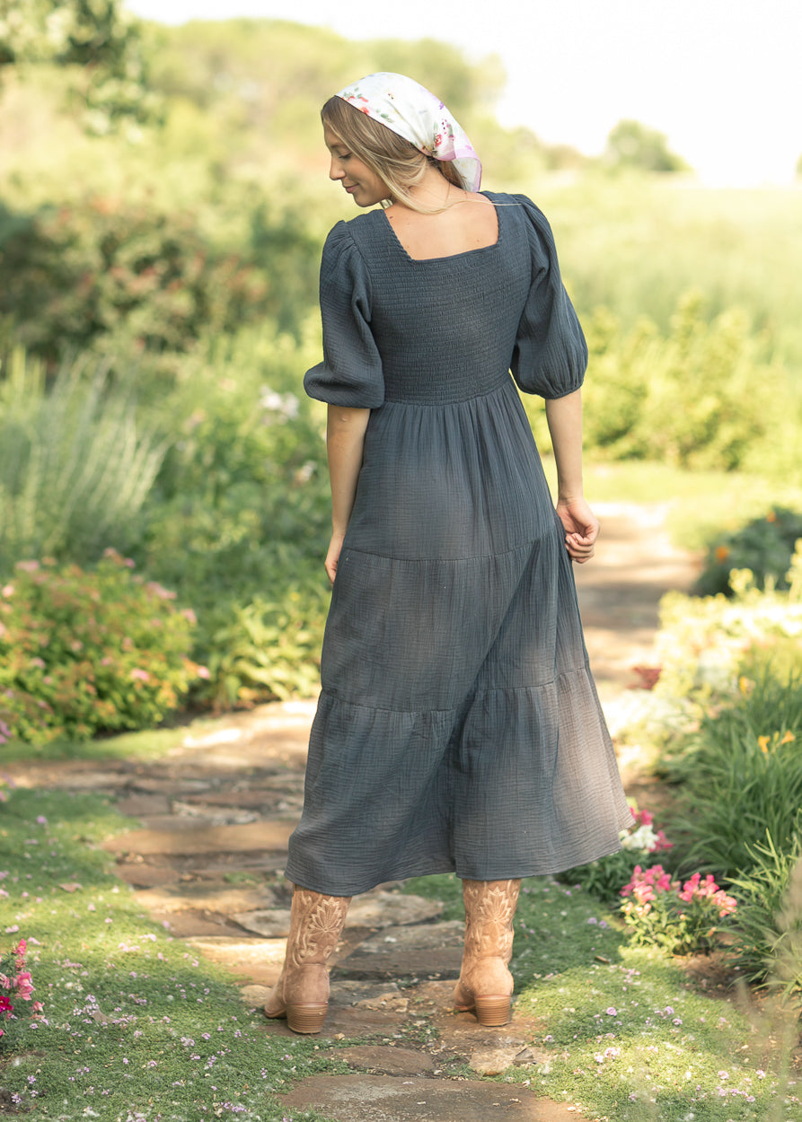 Kayleen Dusty Navy Smocked Bodice Gauze Dress