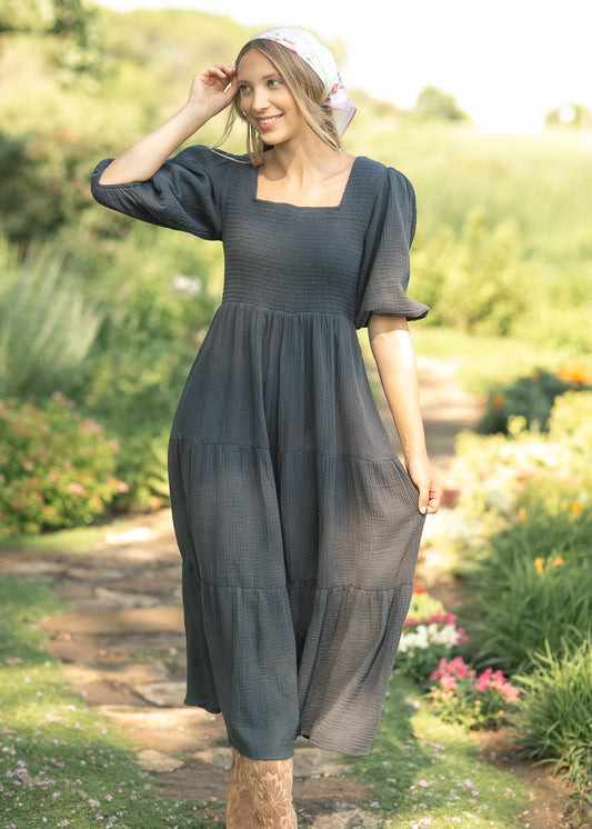 Kayleen Dusty Navy Smocked Bodice Gauze Dress