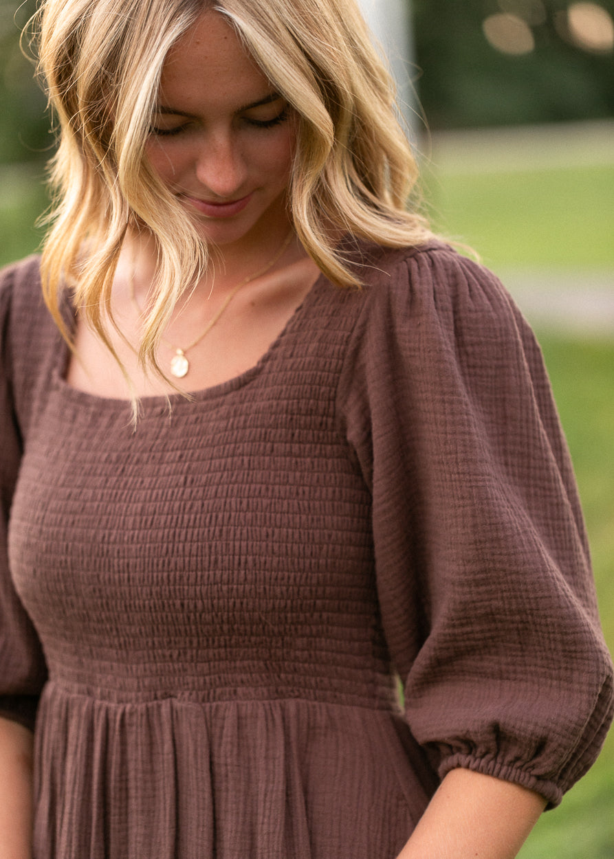 Kayleen Chocolate Gauze Smocked Maxi Dress