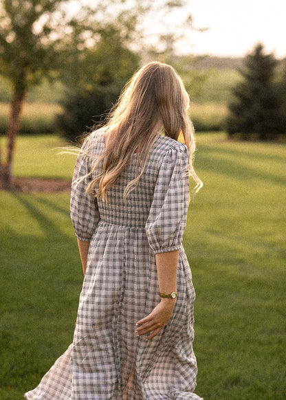 Kayleen Ivory Plaid Smocked Bodice Maxi Dress