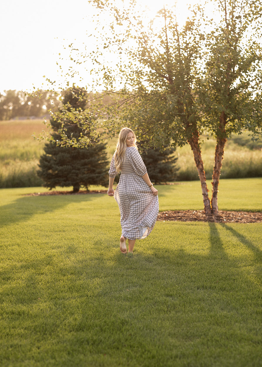 Kayleen Ivory Plaid Smocked Bodice Maxi Dress
