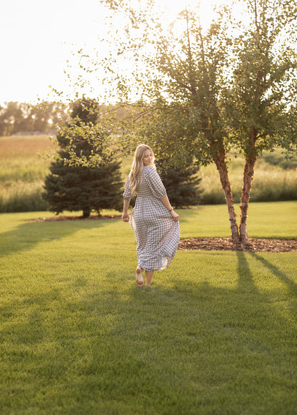 Kayleen Ivory Plaid Smocked Bodice Maxi Dress