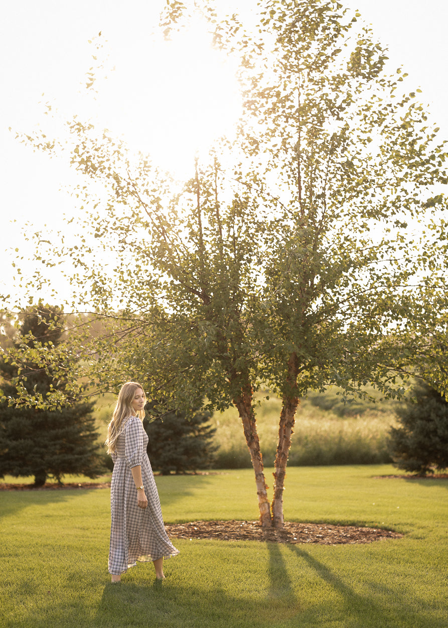 Kayleen Ivory Plaid Smocked Bodice Maxi Dress