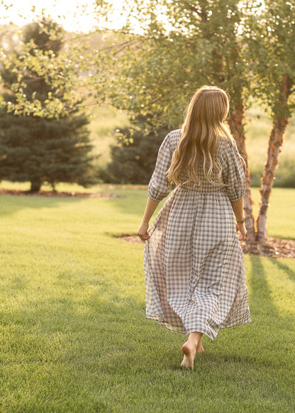 Kayleen Ivory Plaid Smocked Bodice Maxi Dress