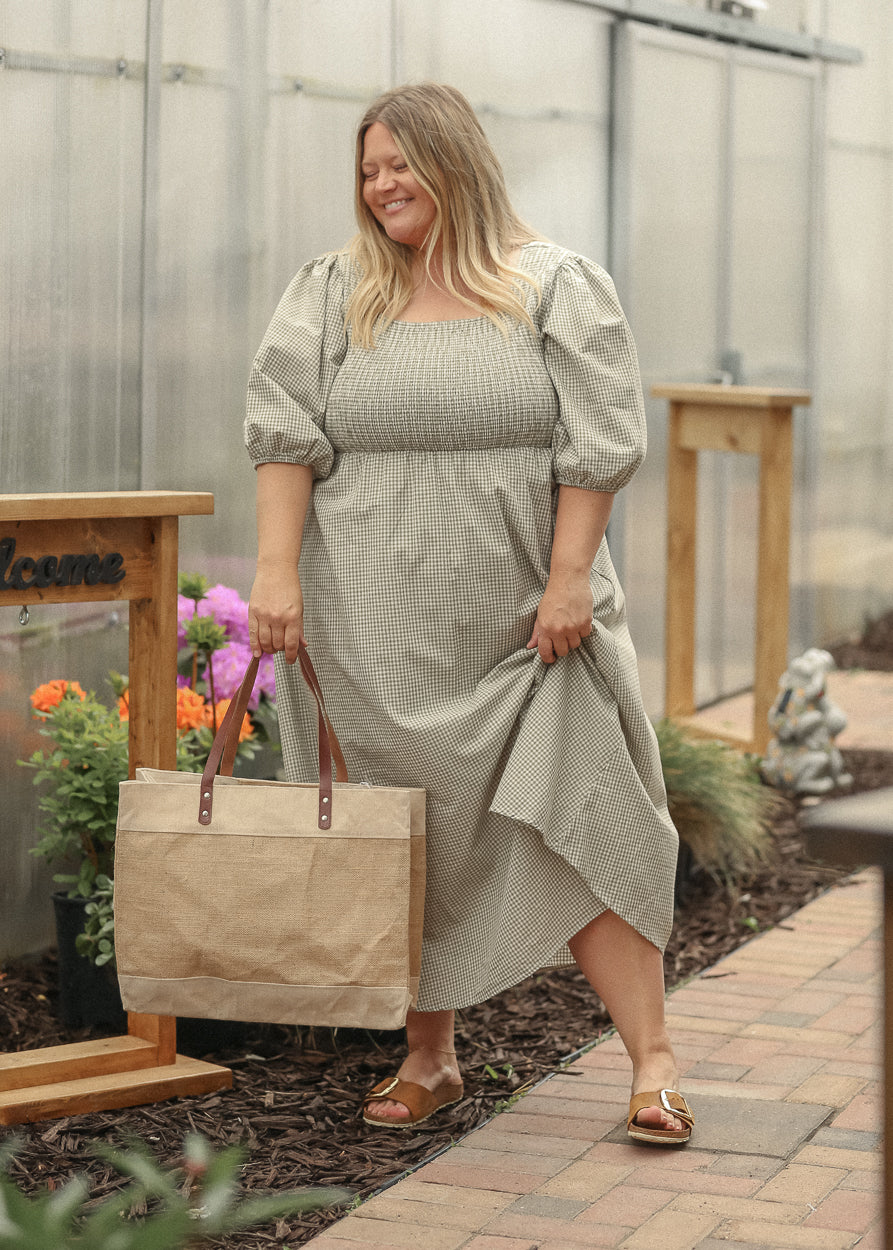 Kayleen Olive Gingham Smocked Bodice Maxi Dress