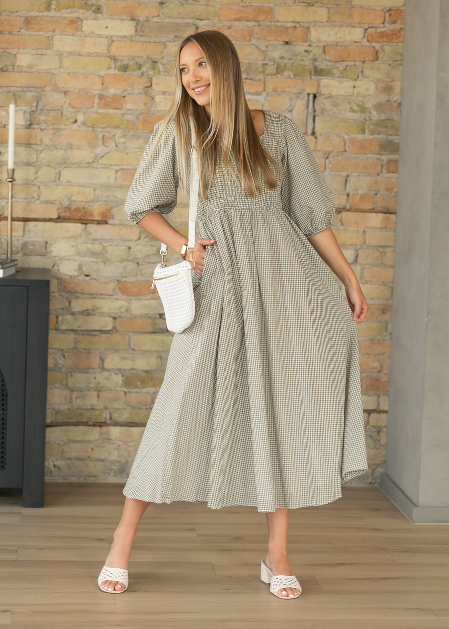 Kayleen Olive Gingham Smocked Bodice Maxi Dress