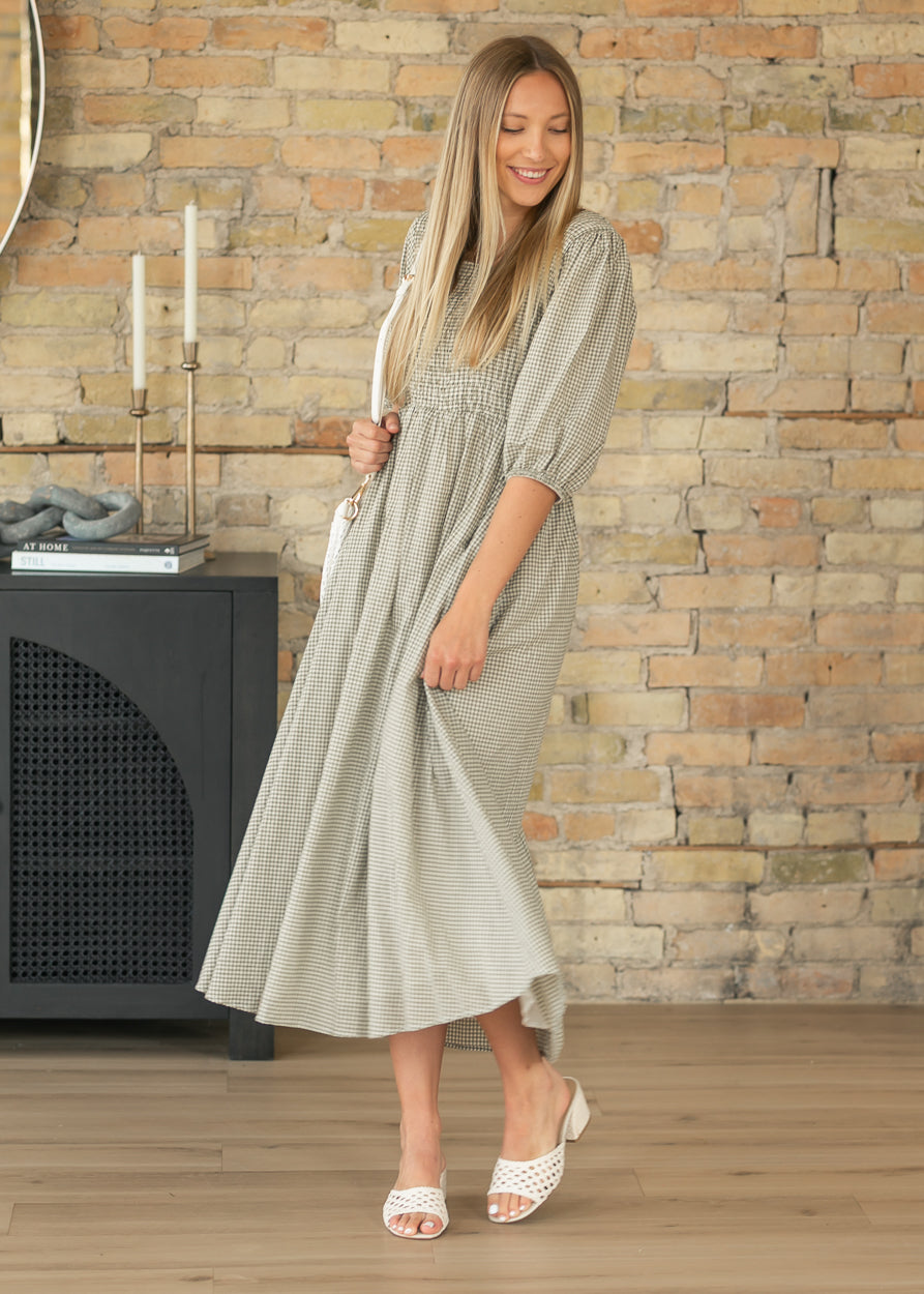 Kayleen Olive Gingham Smocked Bodice Maxi Dress