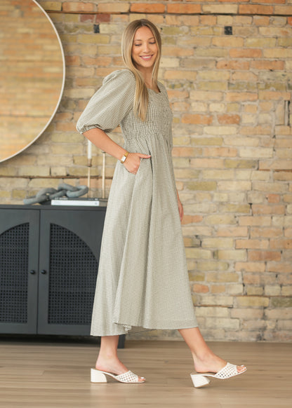 Kayleen Olive Gingham Smocked Bodice Maxi Dress