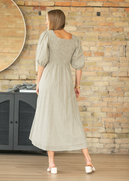 Kayleen Olive Gingham Smocked Bodice Maxi Dress