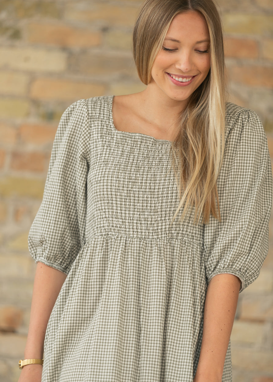 Kayleen Olive Gingham Smocked Bodice Maxi Dress