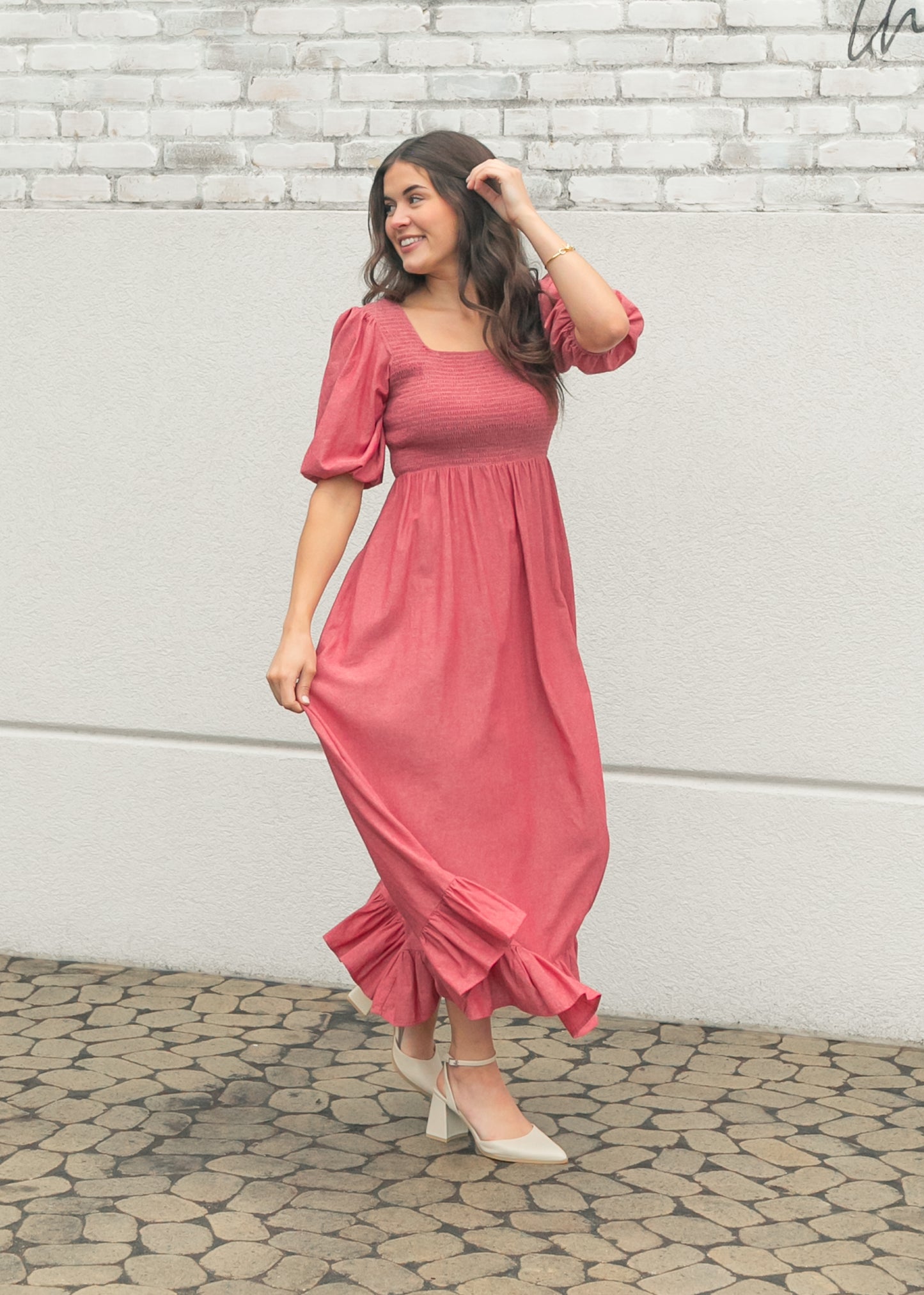Kayleen Red Smocked Bodice Maxi Dress