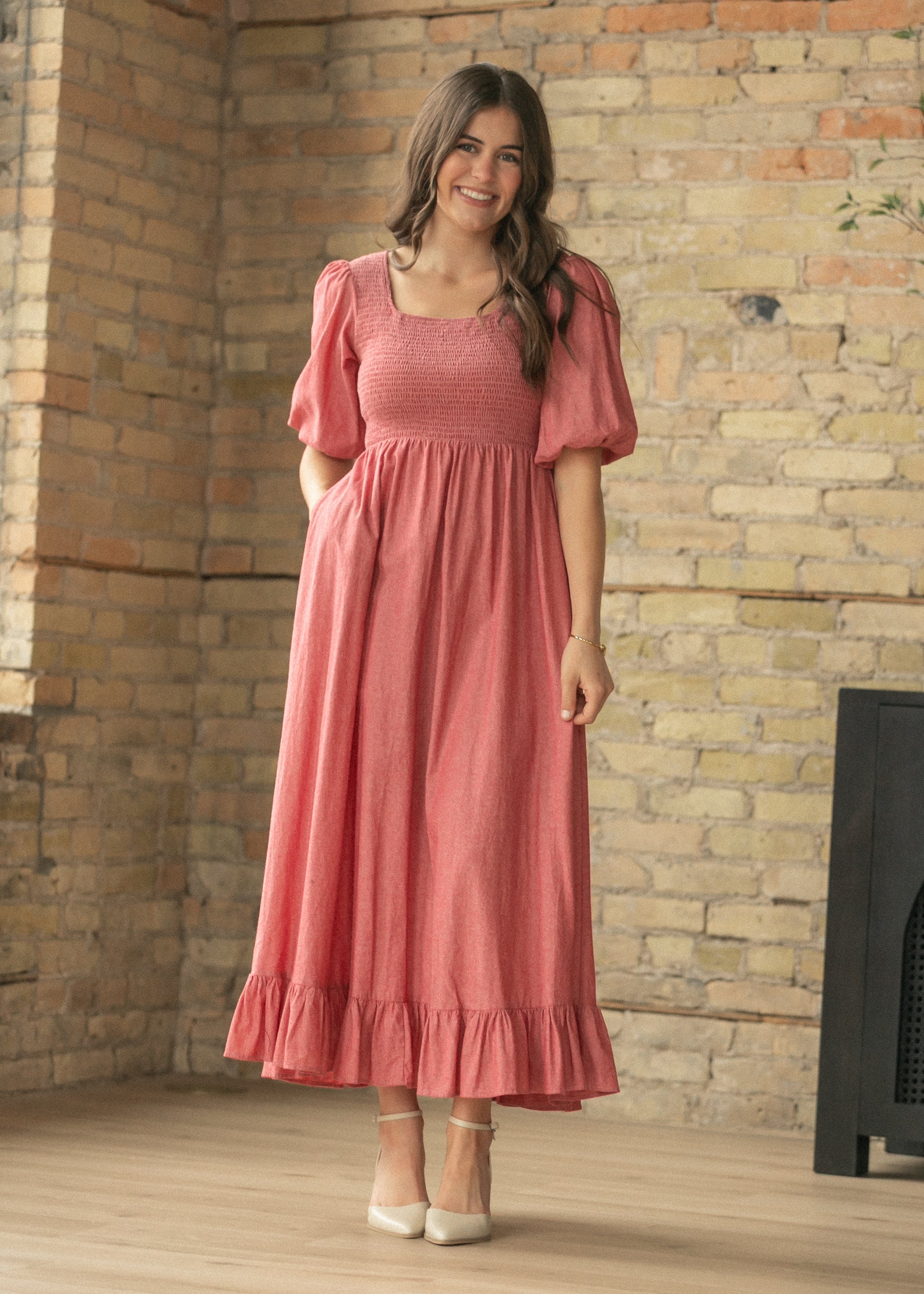 red smocked dress Kayleen Red Smocked Bodice Maxi Dress, Medium