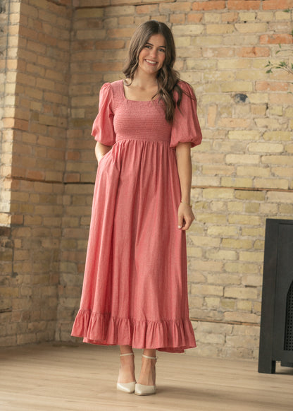 Kayleen Red Smocked Bodice Maxi Dress