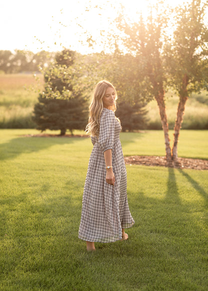 Kayleen Ivory Plaid Smocked Bodice Maxi Dress