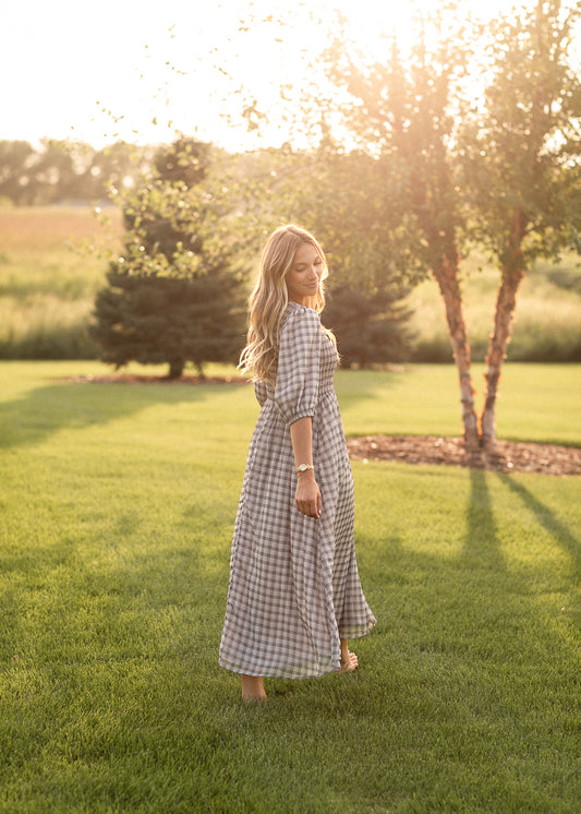 Kayleen Ivory Plaid Smocked Bodice Maxi Dress