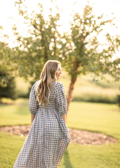 Kayleen Ivory Plaid Smocked Bodice Maxi Dress