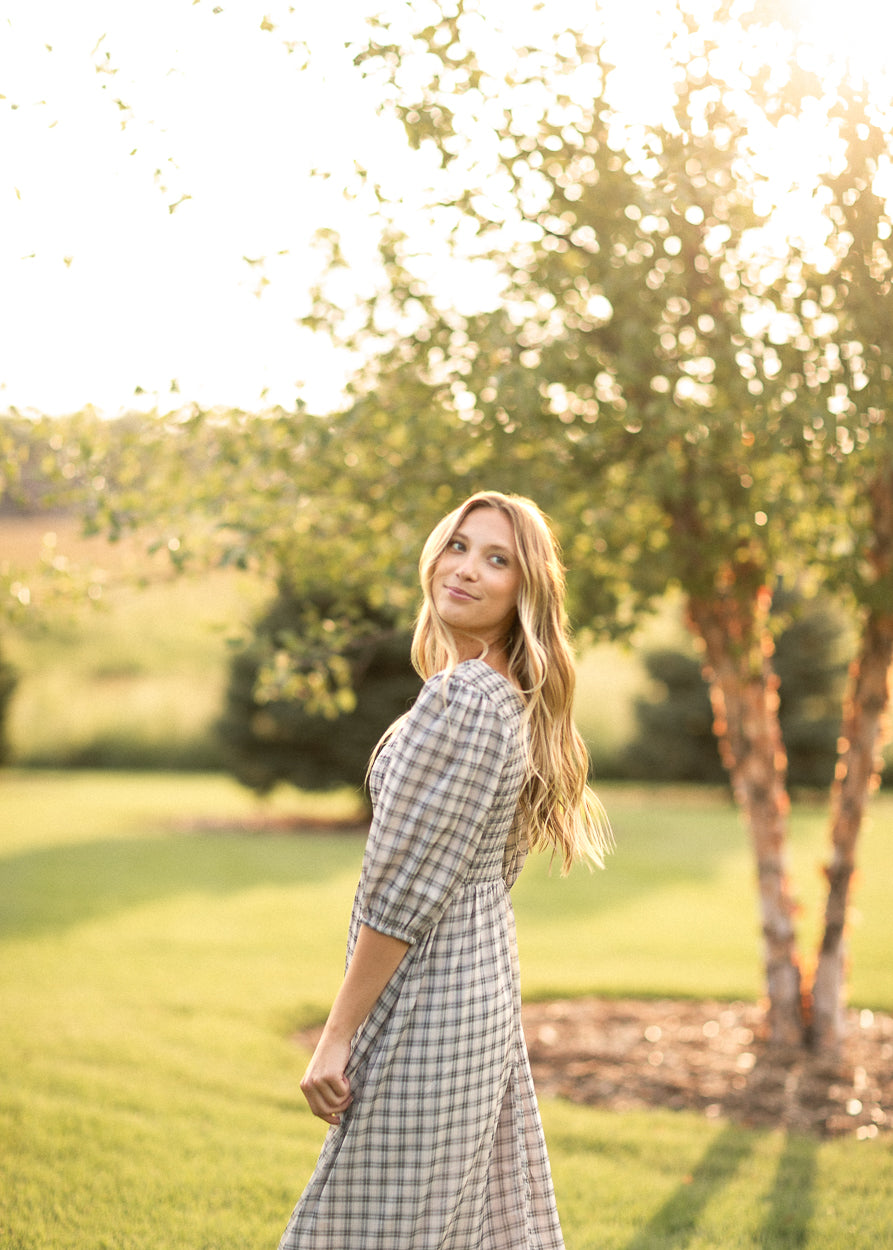 Kayleen Ivory Plaid Smocked Bodice Maxi Dress
