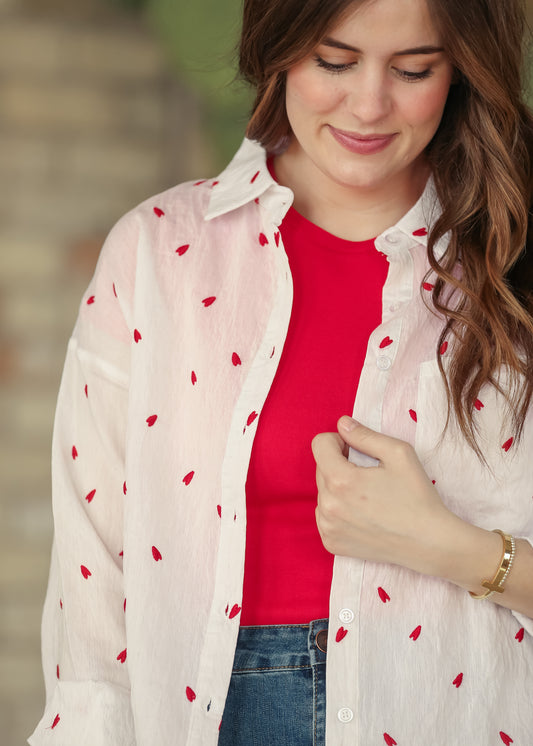 Embroidered Heart Button Down Top - FINAL SALE