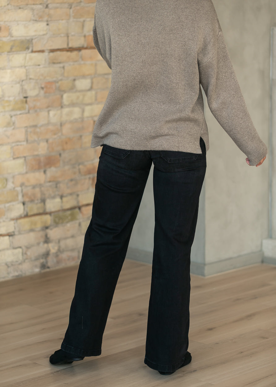 Dark black Jodi straight leg jeans from Kut From the Kloth with five-pocket styling, shown from the back.
