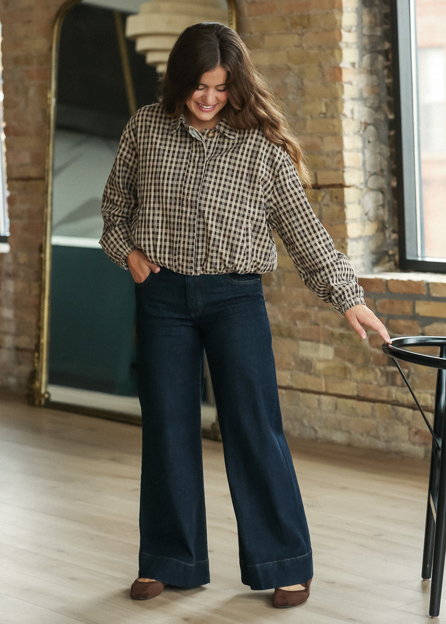 Full-length Maya wide-leg jeans in a dark Amaze wash styled with brown flats