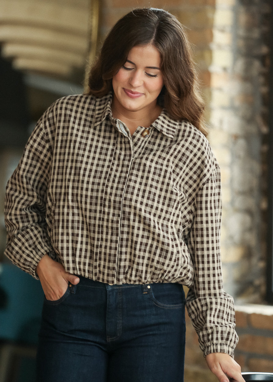 Coffee gingham jacket styled with jeans for an easy everyday fall outfit.