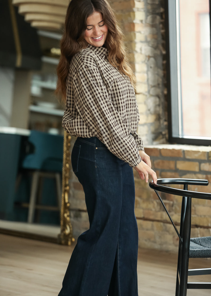 Full-length Maya wide-leg jeans in a dark Amaze wash styled with brown flats