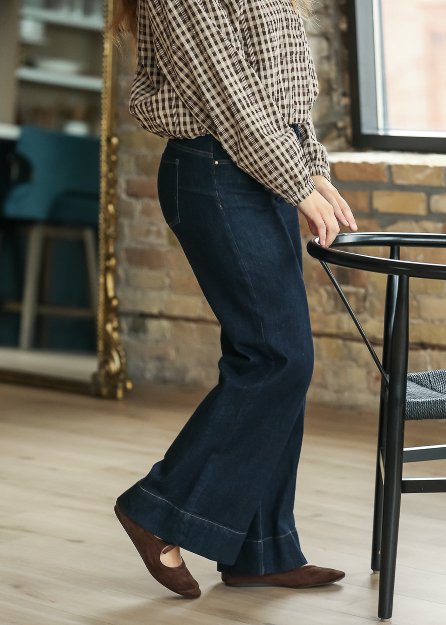 Amaze dark wash wide-leg jeans shown from the side with a high-rise fit