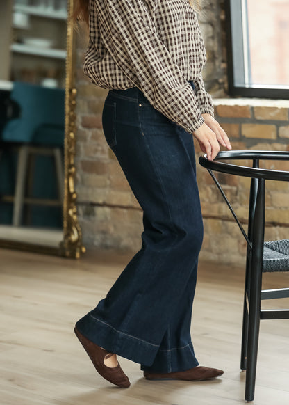 Amaze dark wash wide-leg jeans shown from the side with a high-rise fit
