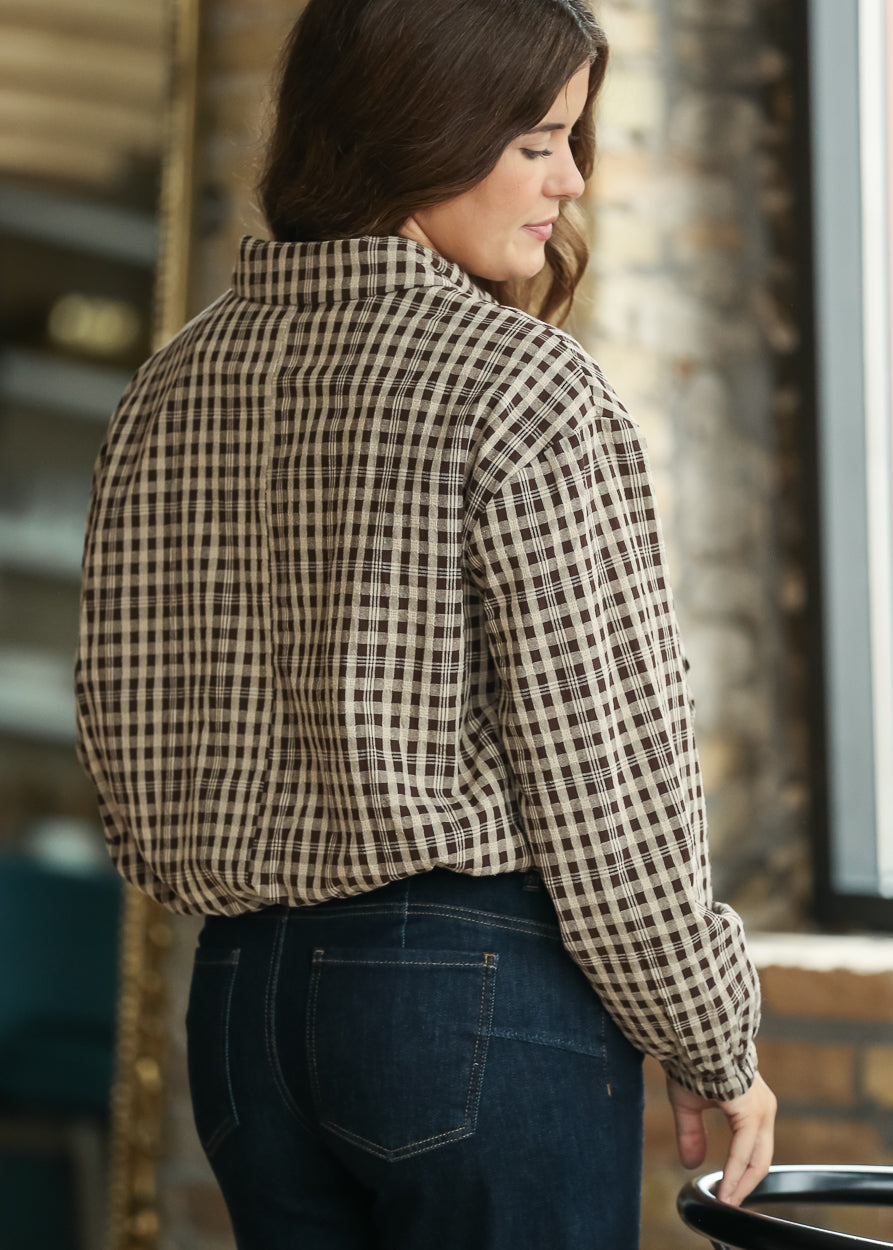 Kut from the Kloth Maya dark wash jeans styled with a brown gingham blouse