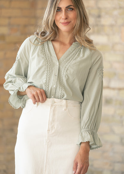 LIVERPOOL sage green woven blouse with decorative trim details