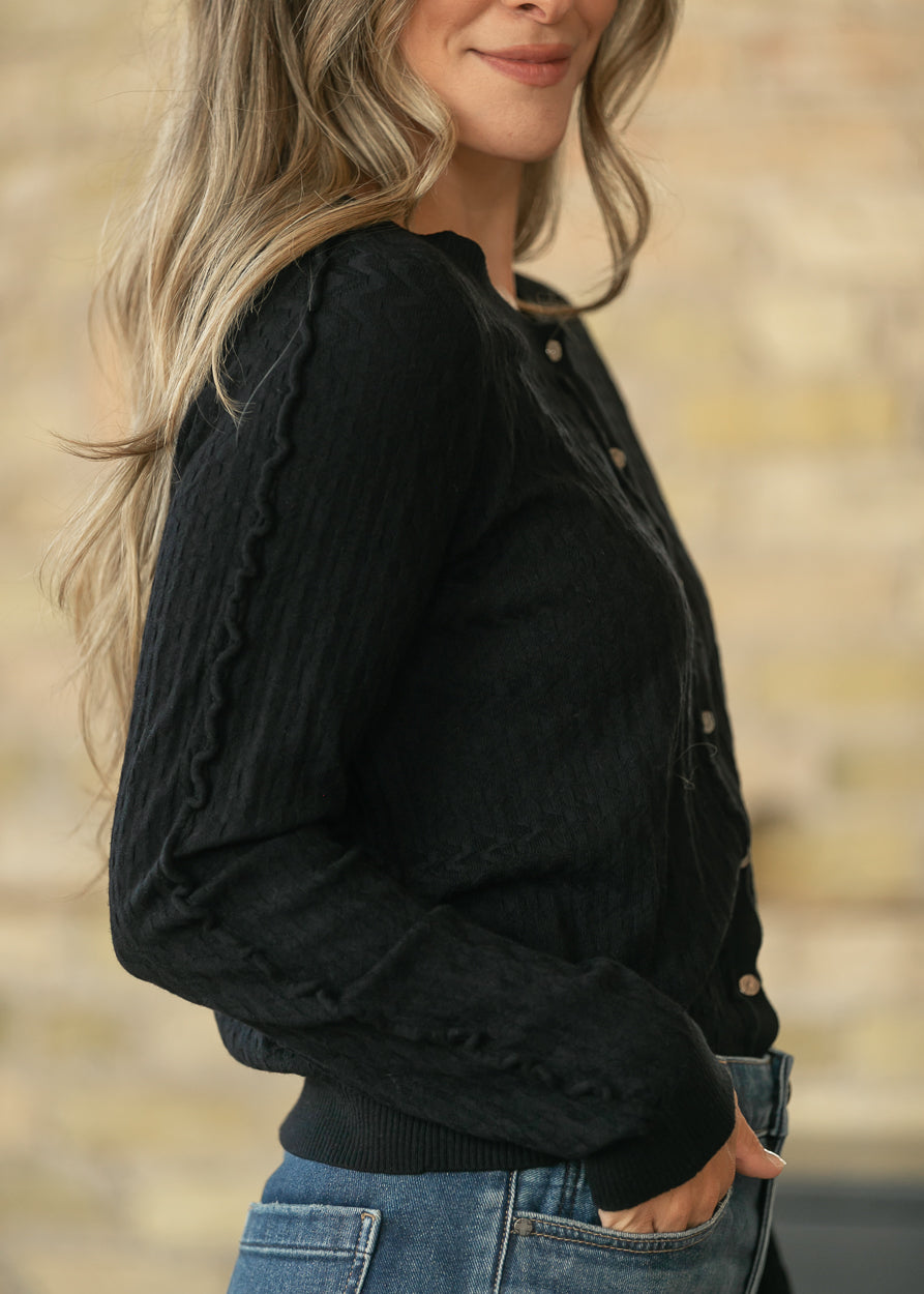 Close-up of black textured cardigan showing delicate trim, ribbed cuffs, and button-front detail.