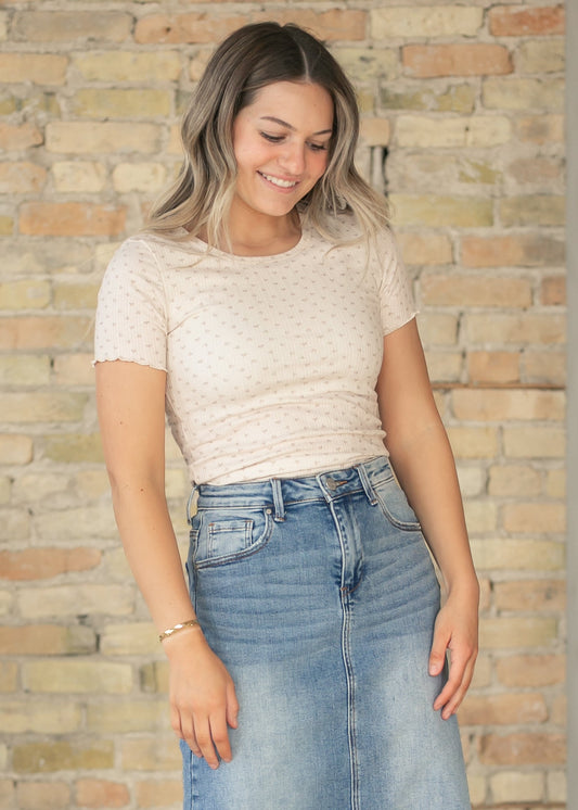 Larza Taupe Floral Lettuce Hem Top