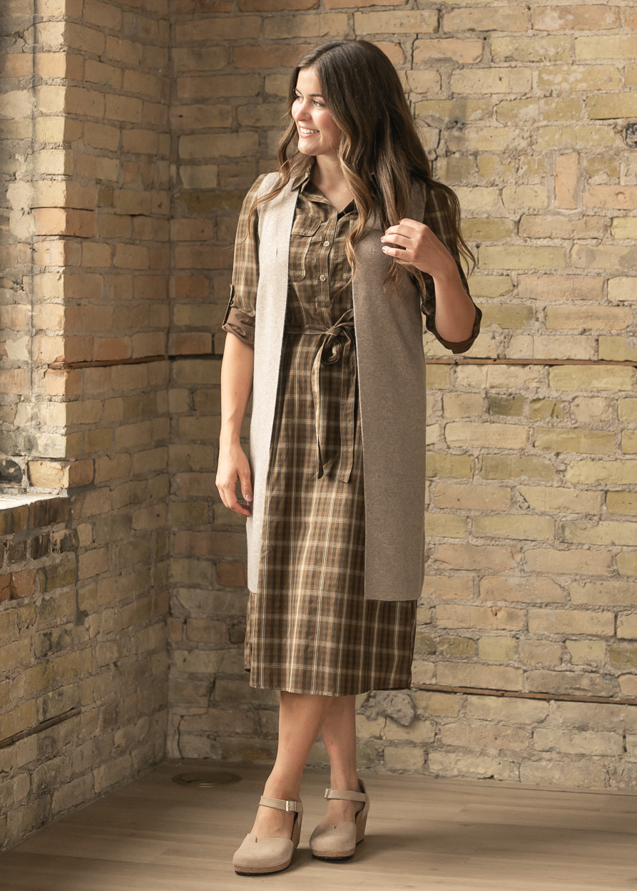 Kimberly brown plaid button-front midi dress photographed from the back and side.