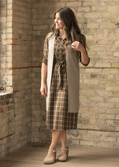Kimberly brown plaid button-front midi dress photographed from the back and side.