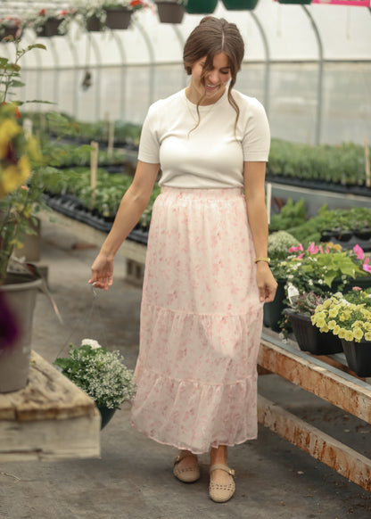 Lynn Pink Floral Tiered Maxi Skirt