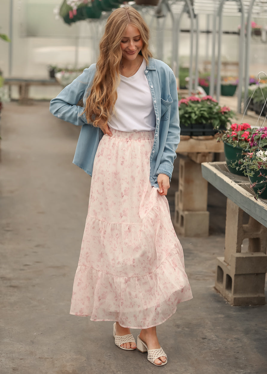 Lynn Pink Floral Tiered Maxi Skirt