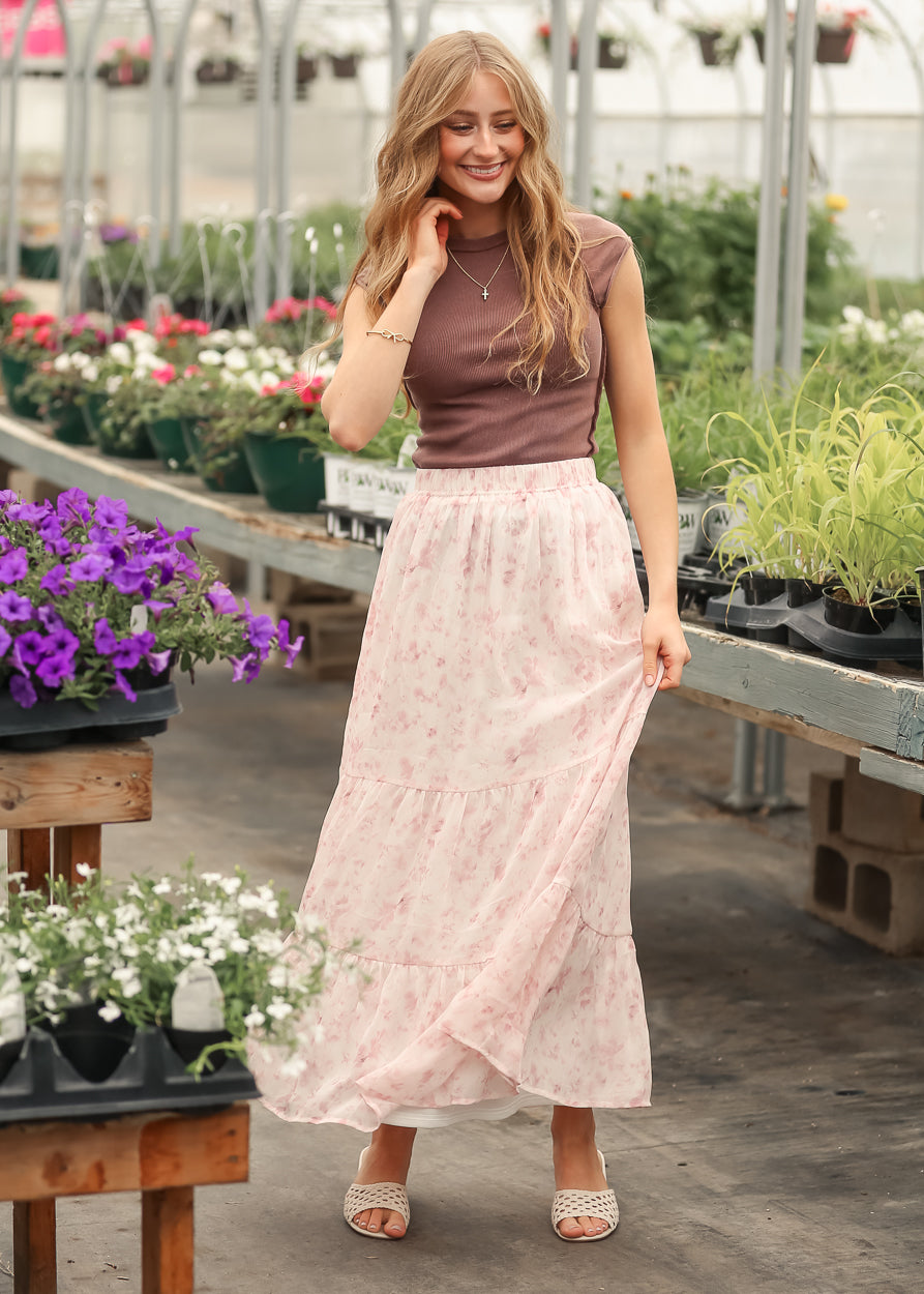 Lynn Pink Floral Tiered Maxi Skirt