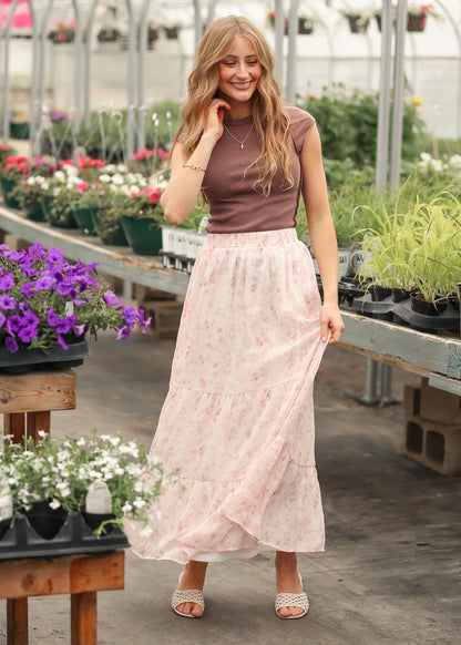 Lynn Pink Floral Tiered Maxi Skirt