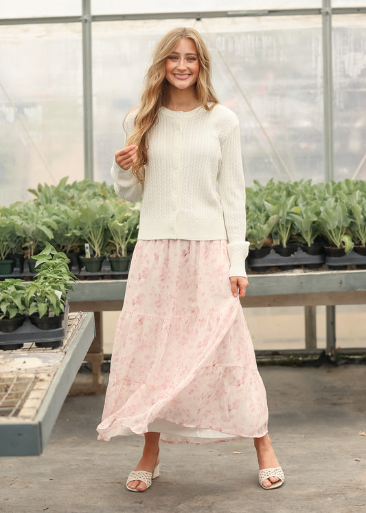 Lynn Pink Floral Tiered Maxi Skirt