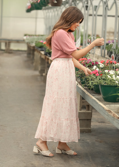 Lynn Pink Floral Tiered Maxi Skirt