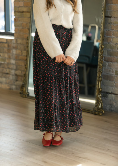 Lynn Red Floral Tiered Maxi Skirt