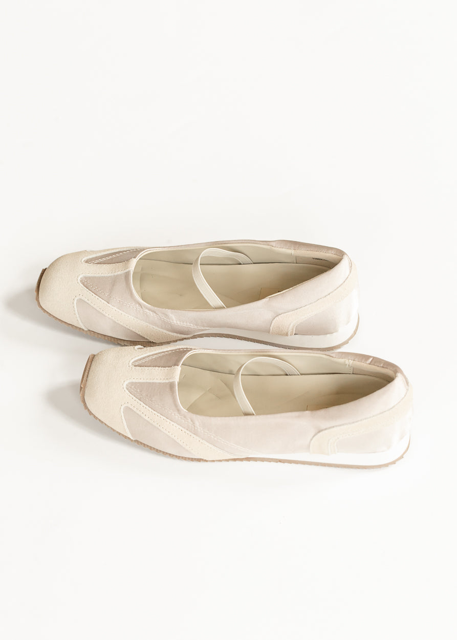 Soft ivory MIA Via Shimmer Flats with tonal paneling, elastic instep straps, and low-profile soles.