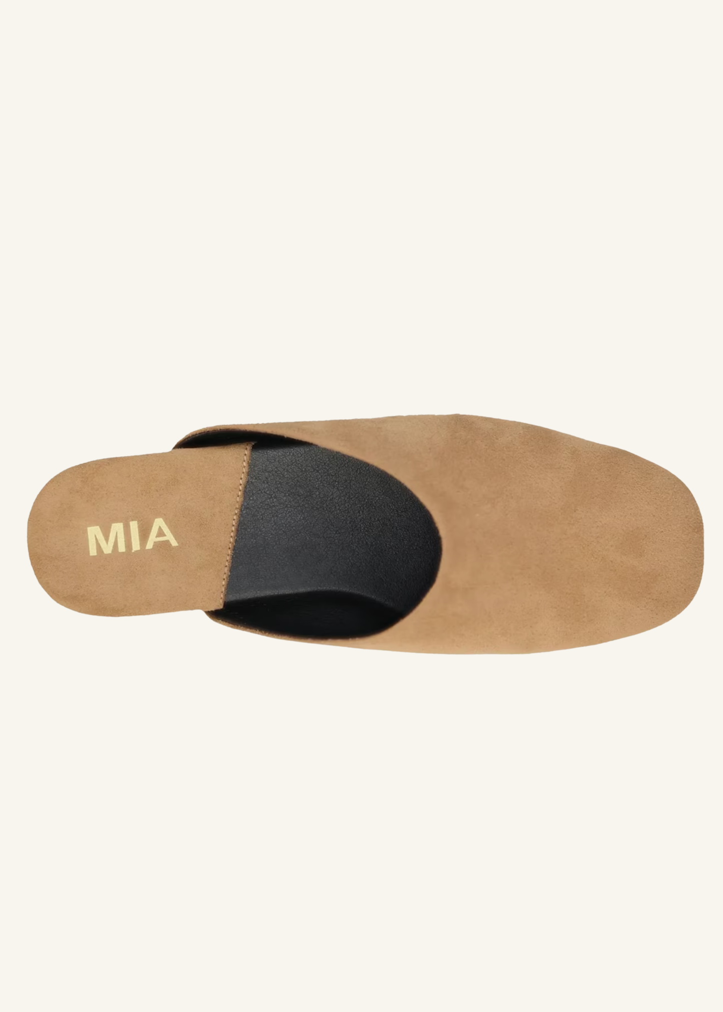 Top view of MIA Ziva tan slip-on slides with a closed round toe and contrasting black lining.